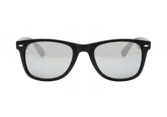 Black wayfarer sunglasses with silver mirror lenses isolated on transparent background for adding your own reflection or design