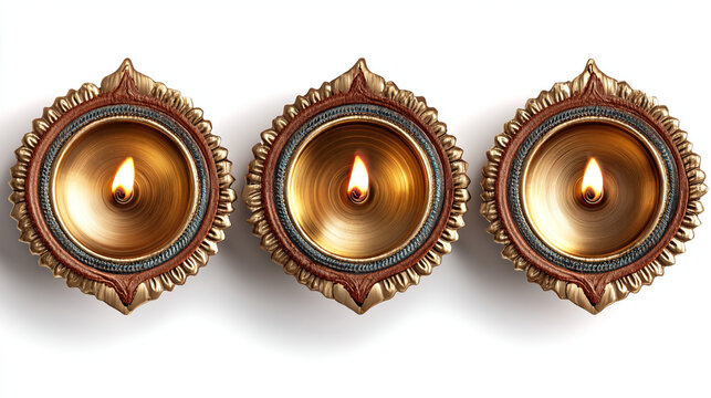 Three diya lamps with flames burning brightly on a white background in a row view
