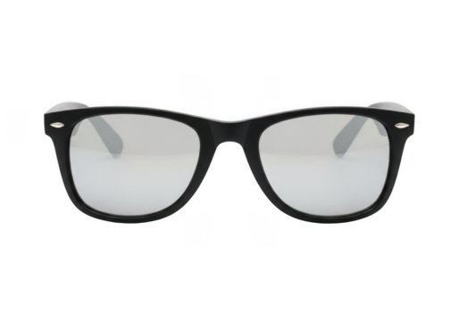 Black wayfarer sunglasses with silver mirror lenses isolated on transparent background for adding your own reflection or design