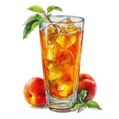 Peach Iced Tea, watercolor painting, vector illustration, isolated on a white background.