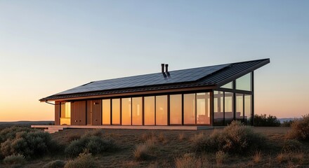 Modern minimalist sustainable eco friendly house with expansive glass walls and solar panels on a remote hilltop at sunset