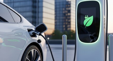 Modern electric vehicle charging station with a glowing green leaf symbol on the charger in a city environment with a white car plugged in