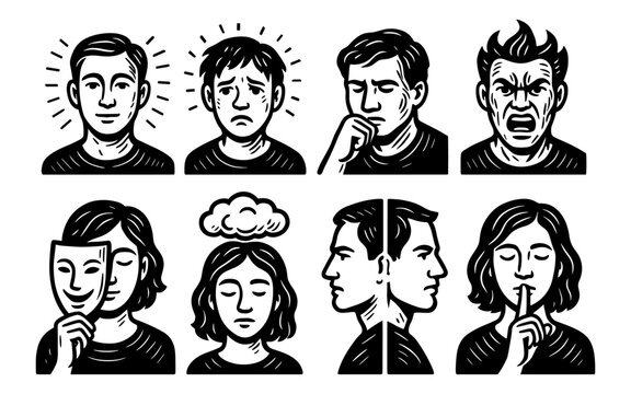 Emotional expressions: diverse human faces displaying various feelings in black and white