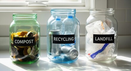 Three glass jars labeled compost recycling and landfill filled with sorted waste items illustrating waste separation and environmental responsibility
