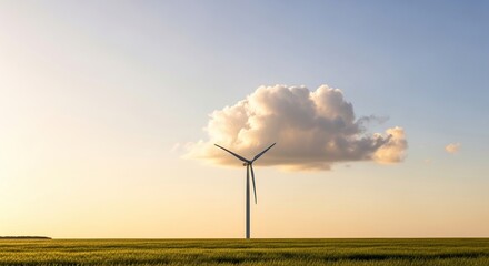A lone wind turbine stands tall in a vast open field under a dramatic sky with a large fluffy cloud illuminated by the warm glow of sunset