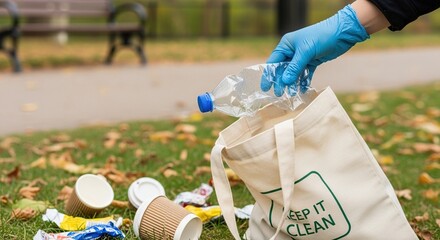 Close up of a gloved hand placing a plastic bottle into a reusable bag during an outdoor park cleanup event to help protect the environment