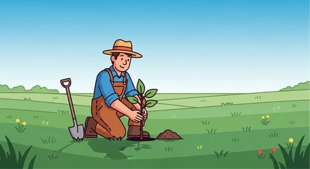 A cheerful farmer wearing overalls and a straw hat kneels in a green field planting a small tree sapling with a shovel nearby on a sunny day