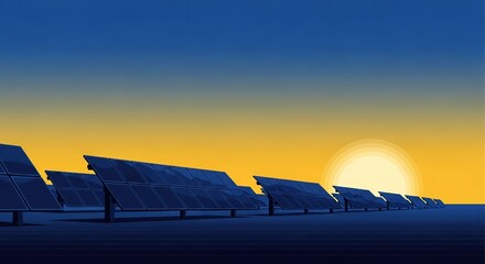 Vast solar panel array bathed in the warm glow of a setting sun creating a beautiful gradient sky over a flat landscape