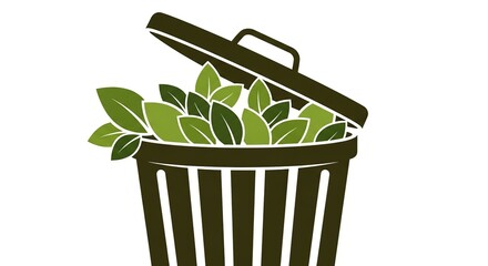Green leaves overflowing from an open dark green trash can with vertical stripes against a white background symbolizing recycling and composting