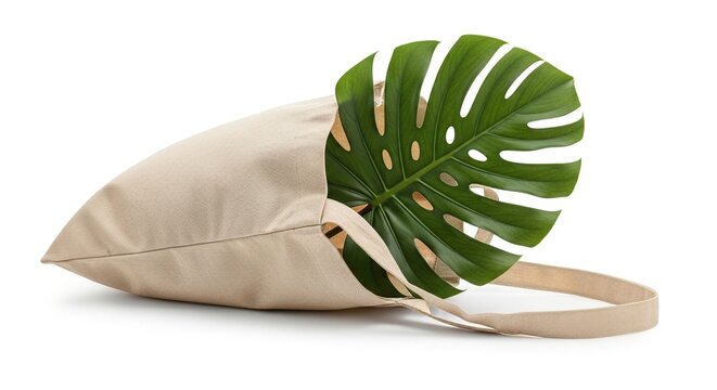 A natural canvas tote bag filled with a large green monstera leaf showcasing a sustainable and eco friendly shopping concept against a clean white background - Powered by Adobe