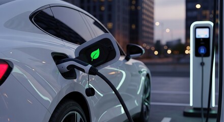 Modern white electric car plugged into a sleek charging station on a city street at dusk with buildings in the background