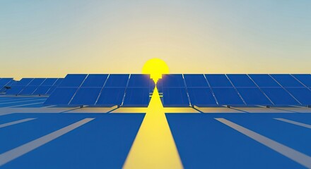 Vast solar panel array stretching towards a bright glowing sun on the horizon during a clear serene sunrise or sunset