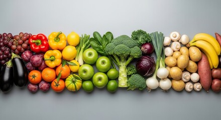 A vibrant and colorful assortment of fresh healthy fruits and vegetables arranged in a rainbow spectrum on a clean light gray background for a visually appealing display of produce