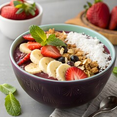 Acai Bowl with Fresh Fruits Granola and Coconut Healthy Brazilian Superfood Breakfast