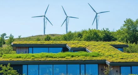 Modern sustainable building with a living green roof and wind turbines on a hill under a clear blue sky