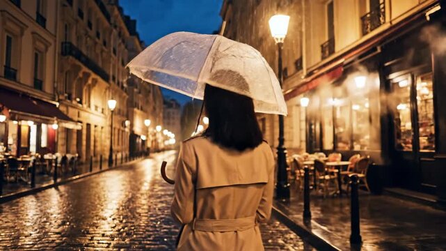 Elegant Woman Walking with Umbrella on Rainy Parisian Street at Night.