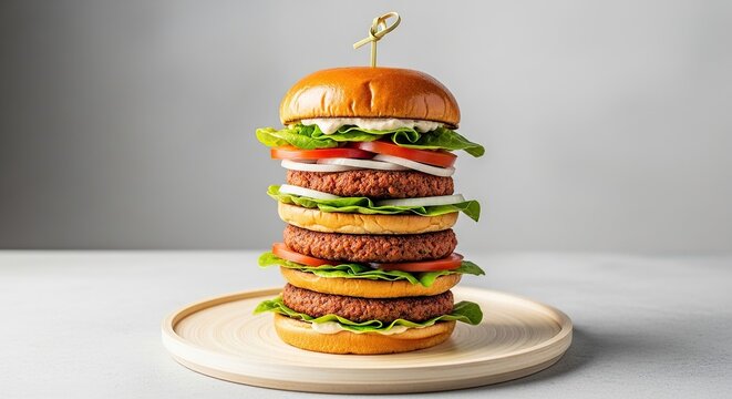 Towering stack of delicious gourmet burgers with fresh lettuce tomatoes onions and pickles on a wooden plate