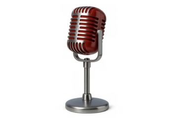 Retro red and silver microphone on a stand, ready for recording voice, music, or broadcasting. Transparent background
