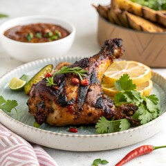 Spicy Jamaican jerk chicken with marinade and Scotch bonnet peppers, grilled
