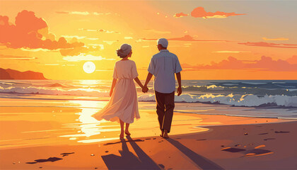 Obraz premium Elderly couple enjoying a sunset beach walk hand-in-hand. Senior couple walking along the shore with sunset views. Golden sunset stroll on the beach with an elderly couple