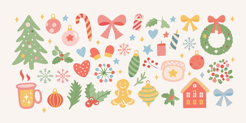 Naklejka premium Collection of cute hand drawn christmas elements including tree ornaments wreath gingerbread house and candy canes