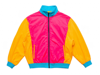 Colorful retro windbreaker jacket with pink front, yellow sleeves, blue collar and cuffs, lightweight nylon, vintage 1980s style, casual outerwear, vibrant and cheerful fashion