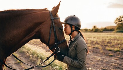 Serene side-profile shot of a young female equestrian rider in simple gear and helmet, gently embracing her brown horse on a sunlit meadow, bond between human and animal