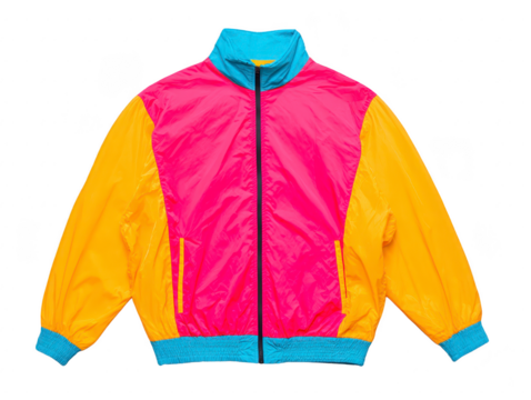 Colorful retro windbreaker jacket with pink front, yellow sleeves, blue collar and cuffs, lightweight nylon, vintage 1980s style, casual outerwear, vibrant and cheerful fashion
