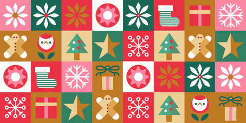 Retro christmas pattern with festive icons and geometric shapes in a warm color palette