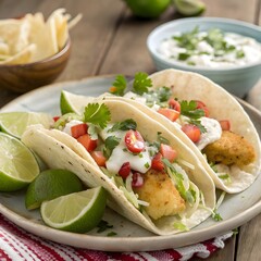 Crispy beer-battered fish tacos with cabbage slaw and creamy sauce in corn tortillas
