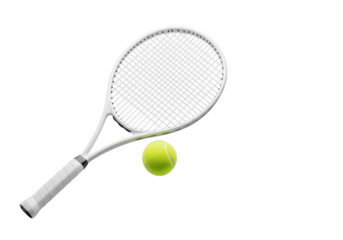 Closeup of a white tennis racket with a yellow ball