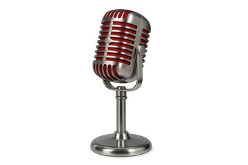 Fototapeta premium Vintage silver and red microphone on stand for broadcasting, recording, podcasting, and live performance