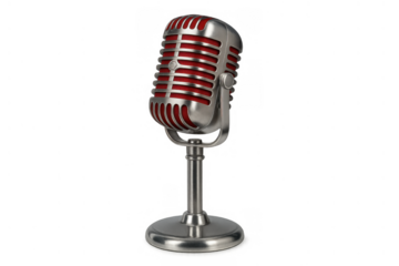 Vintage silver and red microphone on stand for broadcasting, recording, podcasting, and live performance