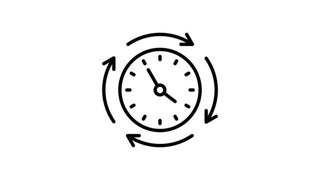 Repeating time animation icon. Clock and circular arrow animated symbol. 4K motion video of timeline, timer, 24 hours, loading, clockwise, process, movement, refresh, reload, return, reusing, rotation