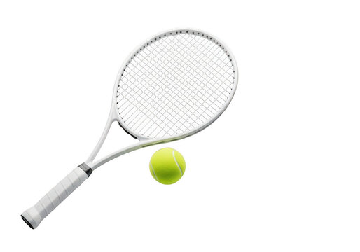 Closeup of a white tennis racket with a yellow ball