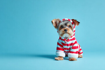 Cute Christmas Yorkshire Terrier Portrait on Solid Background