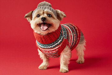 Cute Christmas Yorkshire Terrier Portrait on Solid Background