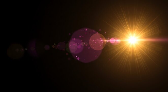 Golden sunburst lens flare with subtle sparkles, purple bokeh, and light streaks on a dark background