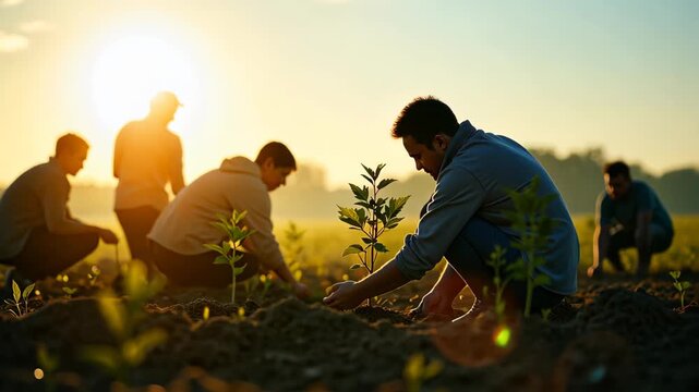 Farmers planting young saplings in the field, group of four people working together in an agricultural landscape at sunset, concept of agriculture, environmental conservation, teamwork.