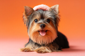 Cute Christmas Yorkshire Terrier Portrait on Solid Background