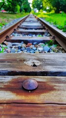 Perspective View of Railroad Tracks Stretching Into the Distance on a Summer Day