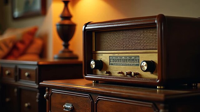 Vintage radio with tuning dial, old retro radio with rusty green surface and circular tuning knob in closeup view. Concept of antiques, media production