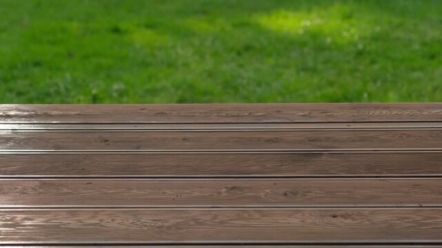 Empty rustic table top with blurred green grass landscape background. Abstract wooden counter. Mockup for promo, text or logo brand. Free space for text. Frame for display. Modern Presentation desk.