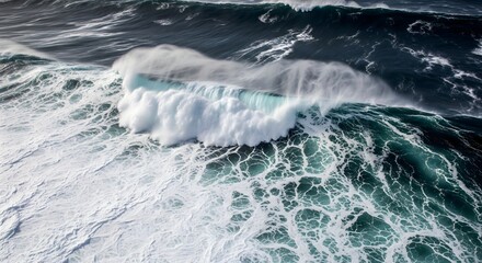 Aerial view of a massive, stormy ocean wave showing immense power and the raw beauty of nature's force