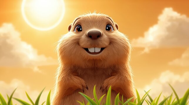 Adorable cartoon groundhog smiling brightly in the sunlit meadow