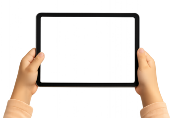 Hands holding tablet with blank screen. Digital technology mockup.