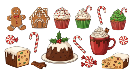 Christmas Food and Holiday Sweets Vector Set with Gingerbread and Pudding 1