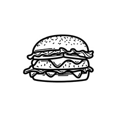 Hand drawn vector burger outline with cheese, tomato, sauce, and beef. Black and white doodle sketch for restaurant branding, menu design, packaging, and vintage or retro food illustrations.