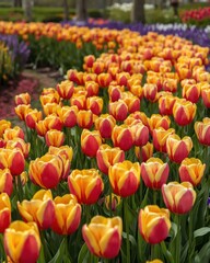 Vibrant field of orange and red tulips in bloom during springtime