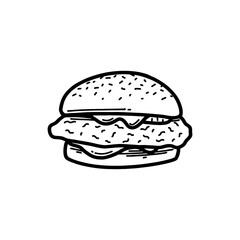 Hand drawn vector burger outline with cheese, tomato, sauce, and beef. Black and white doodle sketch for restaurant branding, menu design, packaging, and vintage or retro food illustrations.